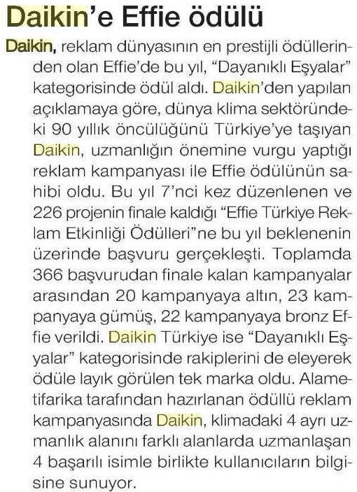 DAIKIN, REKLAMCILIĞIN OSCAR'I EFFIE'Yİ İKİNCİ KEZ KUCAKLADI