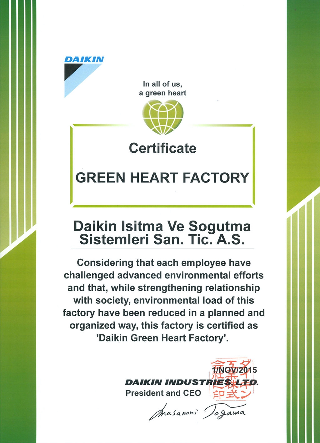 DAİKİN TÜRKİYE'YE 'ÇEVRECİ FABRİKA' SERTİFİKASI